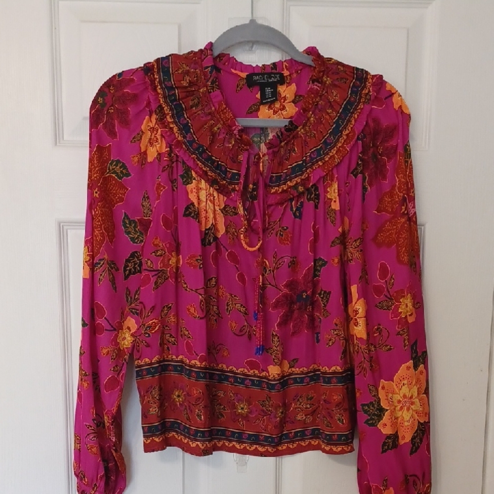 Rachel Zoe Sz M, Farm Reo Inspired, Silk like, Floral Print, Boho Blouse